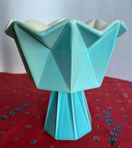VTG RED WING POTTERY PRISMATIQUE Belle Kogan PEDESTAL PLANTER BLUE & CREAM 787