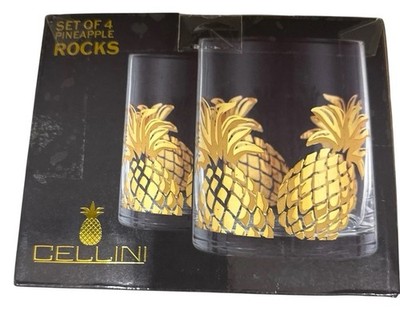 Cellini 4pcs Hand Crafted Gold Gilded Pineapple Rocks Glasses New In Rough Box.