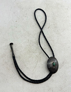 Vintage Native American BEN S Sterling Silver Turquoise Stampwork Bolo Tie⁠