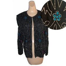 Womens Silk Beaded Open Jacket Small Vintage Sequin 90s Cocktail Event Gala