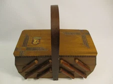 Vintage 3 Tier Accoridan Fold Out Wood Sewing Basket Warsaw Poland