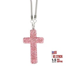 Cross Car Rearview Mirror Ornament, Shiny Rhinestones Cross Pendant Pink