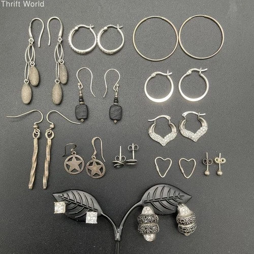 Sterling Silver 925 Jewelry Lot of 13 Pairs Earrings Hoops Dangles Studs 30.3g