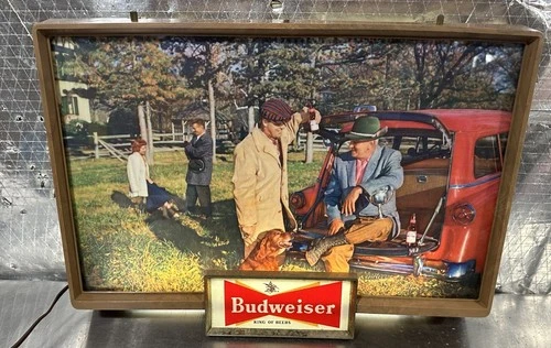 Vintage 1950s Budweiser Beer Lighted Sign Guys Hanging Out Trophy Dog