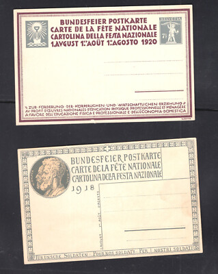 Switzerland  2  nice  color  postal  cards  unused  1918  and 1920