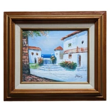 Davis Mediterranean Seascape Home Scene, Framed Oil On Canvas Painting