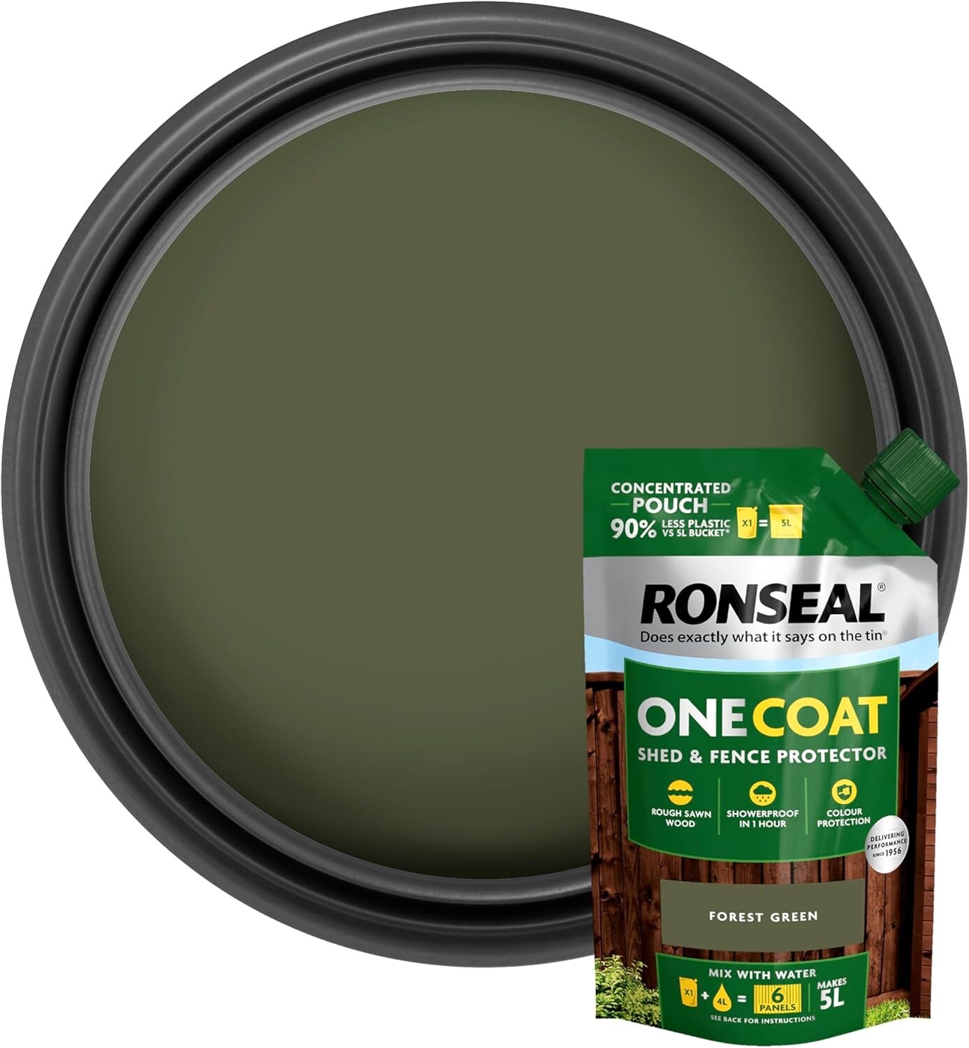 Ronseal One Coat Shed & Fence Paint Pouch Mix with Water 950ml - Forest Green