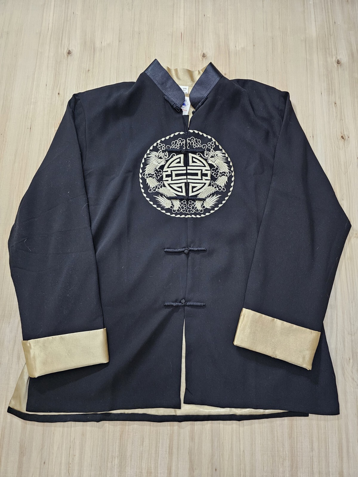 Traditional Black Japanese Silk Jacket with Golden Dragon Embroidery