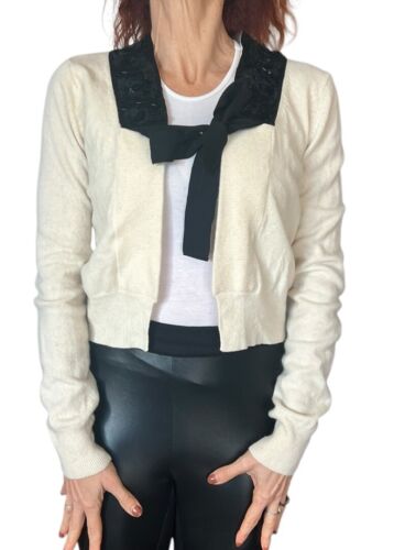 DONNA KARAN NEW YORK DKNY WOOL IVORY CROPPED CARDIGAN SEQUIN SHRUG BOLERO SMALL