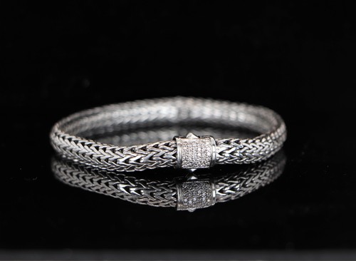 $1,195 John Hardy Silver 18K Yellow Gold Pave Diamond 6.5mm Wheat Chain Bracelet - Picture 5 of 10