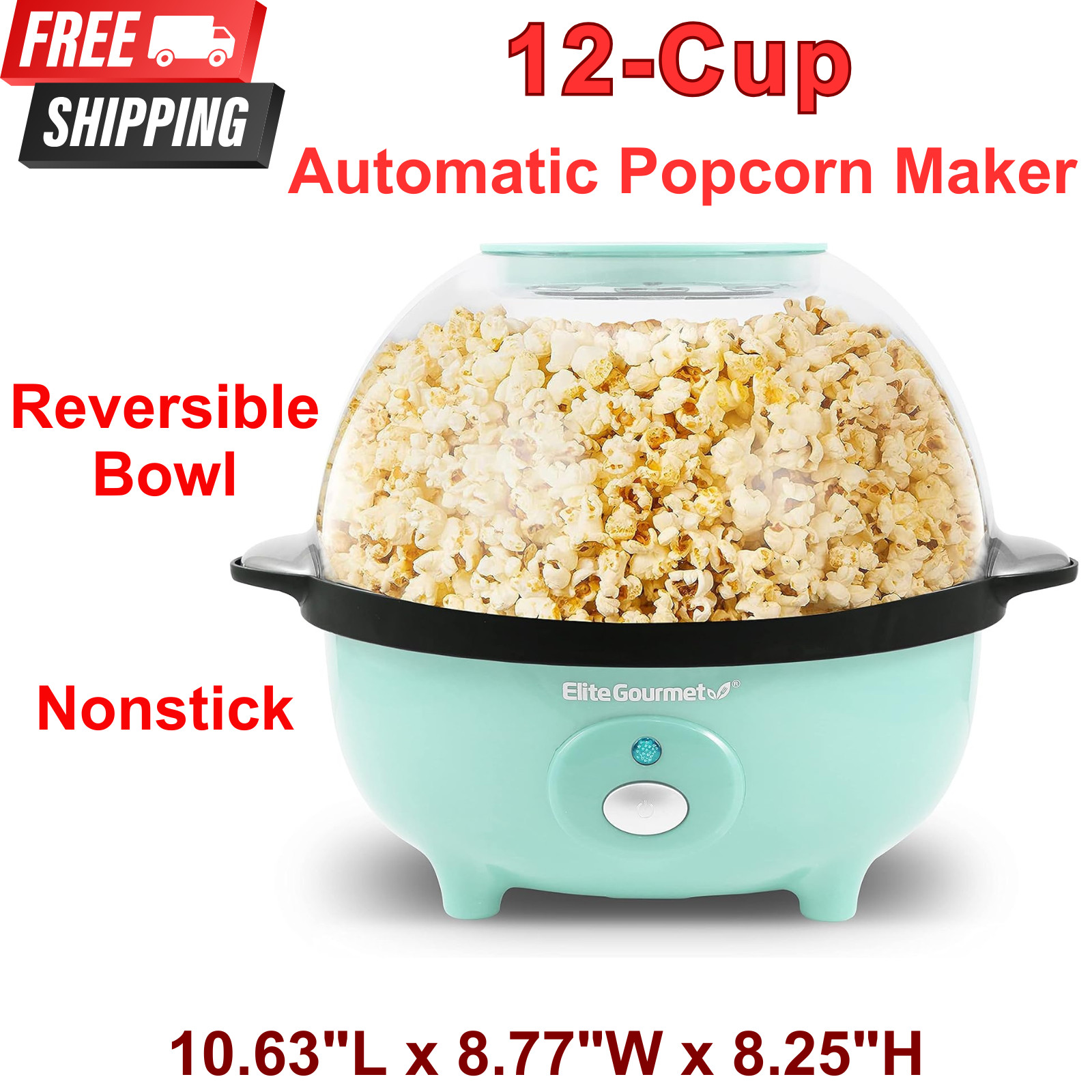 Automatic 12-Cup Popcorn Maker Hot Oil Popper w/ Reversible Bowl & Measuring Cap