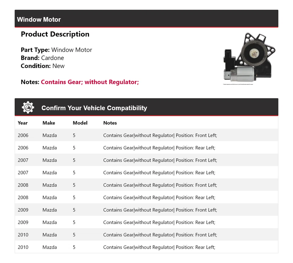 Para Mazda 2006-2010 5 ventanas motor Cardone 2007 2008 2009 Foto 2 de 4