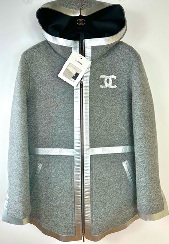 5K Chanel 2016 Gray Coat 34 36 38 2 4 6 Jacket Hood Silver Logo Grey 16a S M - Picture 7 of 22