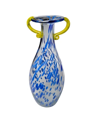 Hand Blown Artisan Blue & Clear Glass  Vase~Yellow Applied Handle ~Murano?~11"