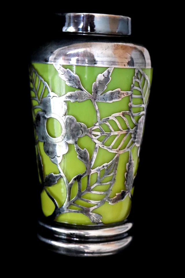 Antike Art Deco F. Spahr Citrin gelbes Glas Silber Überfang Vase um 1930 - Bild 3 von 4