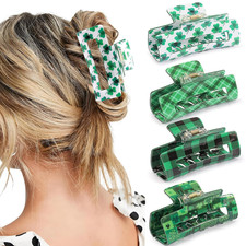 St. Patrick's Day Hair Claw Clips - 4PC Green Shamrock  Plaid Barrettes