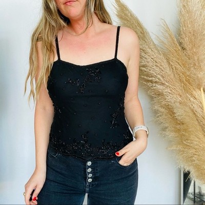 VINTAGE SCALA Black Embellished Floral Sequin Bead Beaded Tank Top Silk Cami S