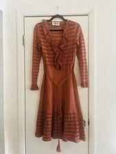 VTG 70s Crochet Edwardian Victorian Boho Pumpkin Fall Photo Hippie Midi Dress S