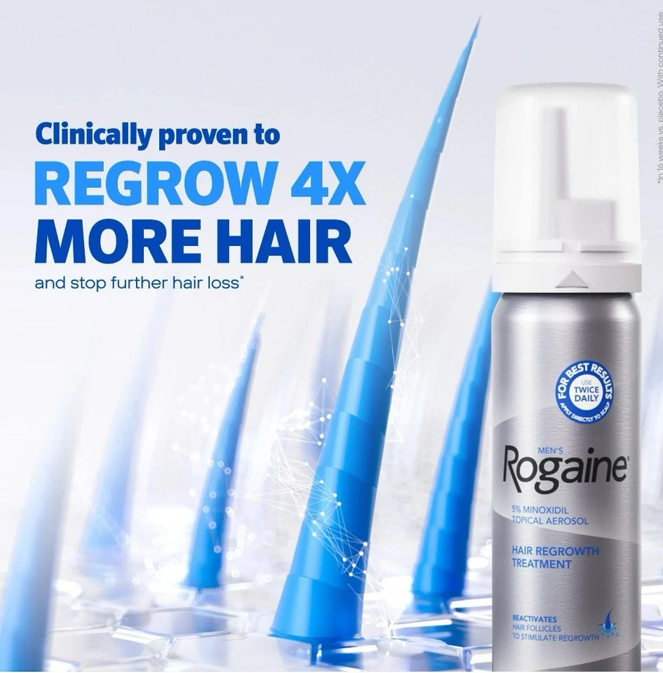 ROGAINE 5% Minoxidil Masculino Espuma Sem Perfume Tratamento de Crescimento de Cabelo Pacote com 3 - Imagem 2 de 3