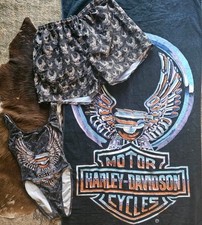 RARE VINTAGE 90s 1990 3D Graphic Harley Davidson One Piece Swimsuit XS TOWEL SET