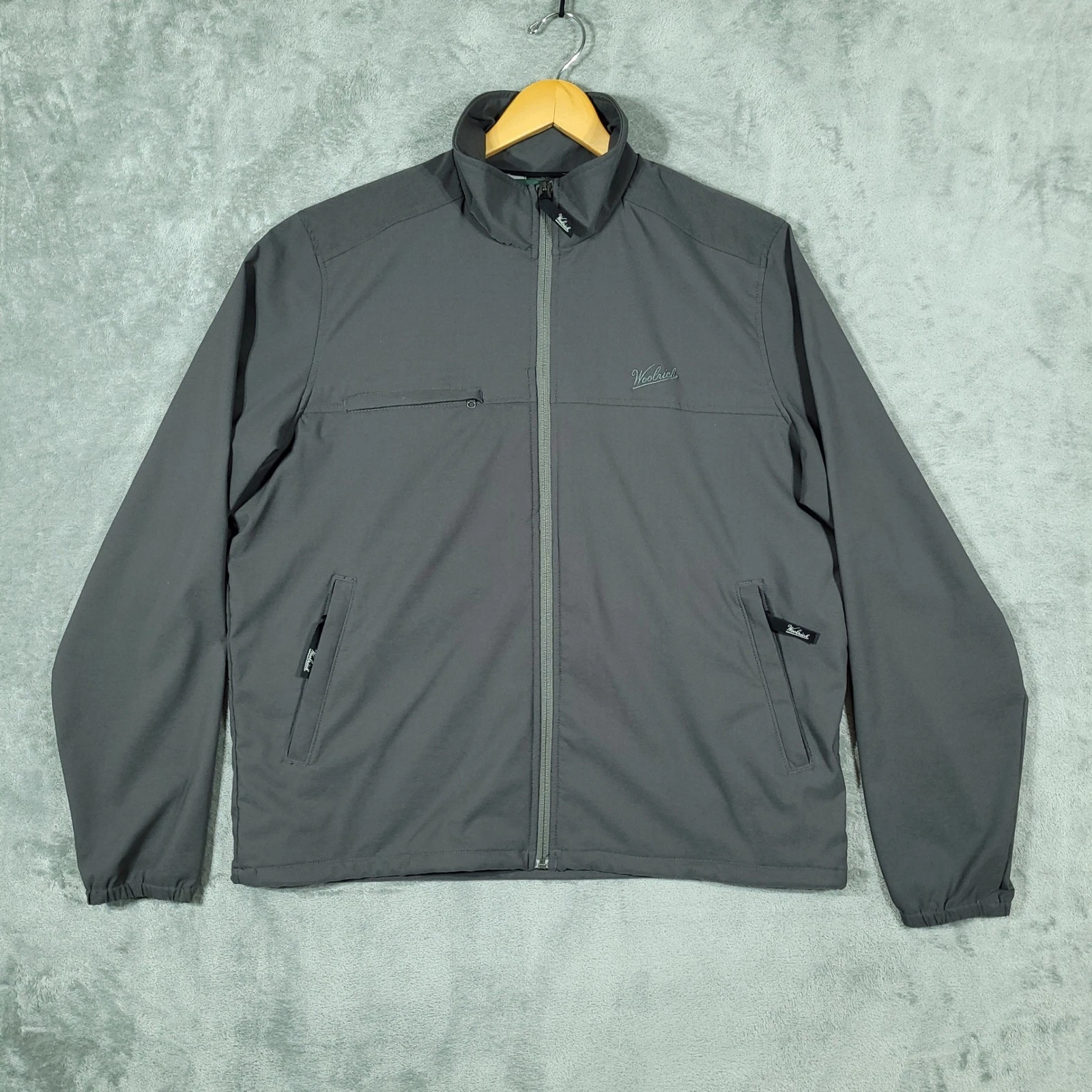 Woolrich Jacket Mens XL Gray Full Zip Windbreaker Softshell Outdoor Casual Logo