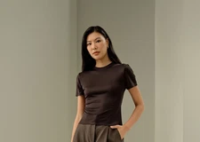 LilySilk Crew Neck Slim Fit Silk Cocoa Top Short Sleeve Shirt Women's Size Small