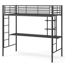 Metal Loft Bed with Built-in Desk Shelves Single Size Black