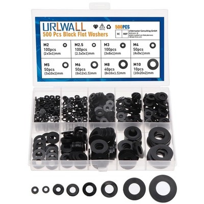 URLWALL 500Pcs Nylon Flat Washer Assortment Set, Washers 500black, Black 