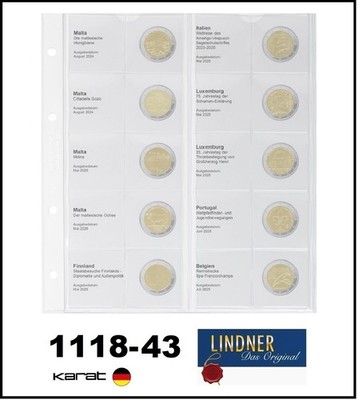 Lindner 1118 43 Coin Sheets 2 Euro Printed Pages Malta 2024 Belgium 2025