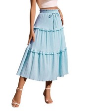 Women's Summer Flowy Boho Midi Tiered Ruffle Skirt Elastic High Waist Casual A L