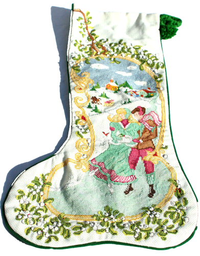 Petit Point Christmas Stocking Ice Skaters Green Velvet Beaded Handmade #D26