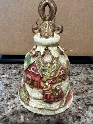 Hand Painted 3D Christmas Bell with Sleigh Scene adorned with Glitter. Vintage