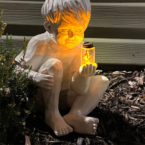 Whimsical Kids with Solar Fireflies Statue - Resin Garden & Yard Decor Gift - Picture 12 of 20