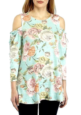 Cupio Women's Cold Shoulder 3/4 Sleeve Floral Teal Pink Size XL Bloomcore Office