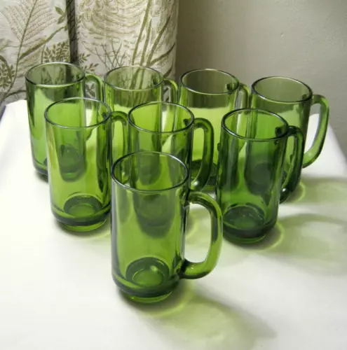 Circa 1970 Green Glass Handled BEER MUGS Set of 8