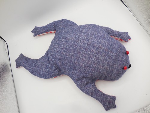 Vintage Handmade Stuffed Frog Primitive Folk Art Blue Denim Red & White Check - Picture 2 of 6
