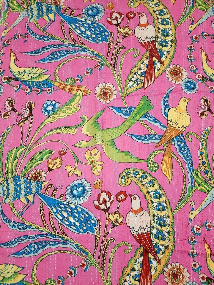 Indian Kantha Peacock Quilt Bedspread Bohemian Nature Throw Blanket Bedding Art - Image 4 of 4