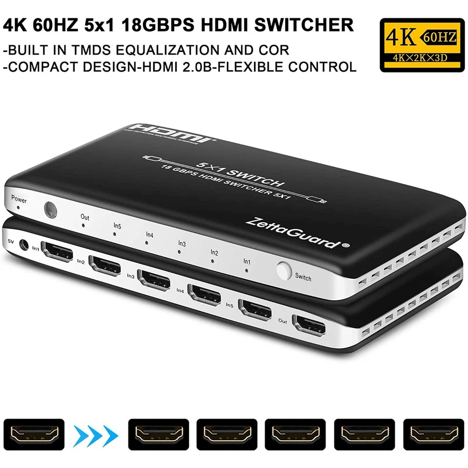 ZettaGuard 4K 60Hz 5 Port 5 x 1 HDMI 2.0 Switch with IR Remote Control 18Gb ✅ - Image 4 of 4