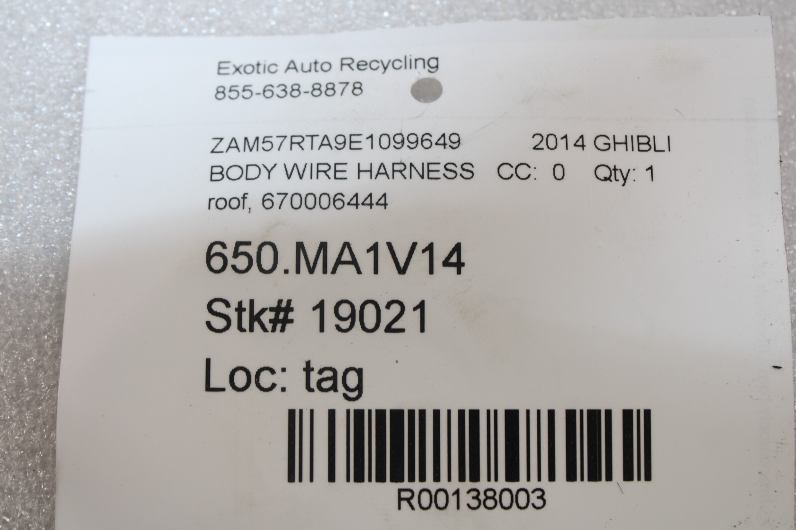 Maserati Ghibli, Roof Wire Harness, Used, P/N 670006444
