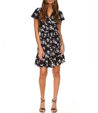 $185 Michael Kors Botanical Short Sleeve Wrap Dress, Black/White, XS