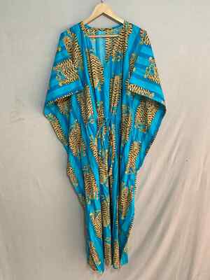 Indian Turquoise Tiger Printed Cotton Hippie Maxi Women Nightwear Caftan Dress