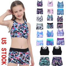 Kids Girls 2-Piece Swimsuit Tankini Criss-cross Back Tank Top with Shorts Set