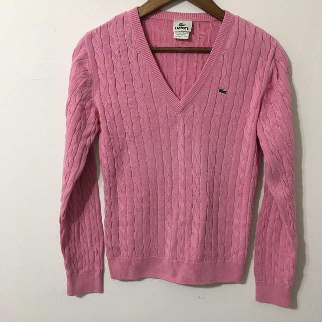 LACOSTE ALLIGATOR Womens Pink Sweater Vneck Pullover Cardigan Cable Knit Sz 42 | eBay