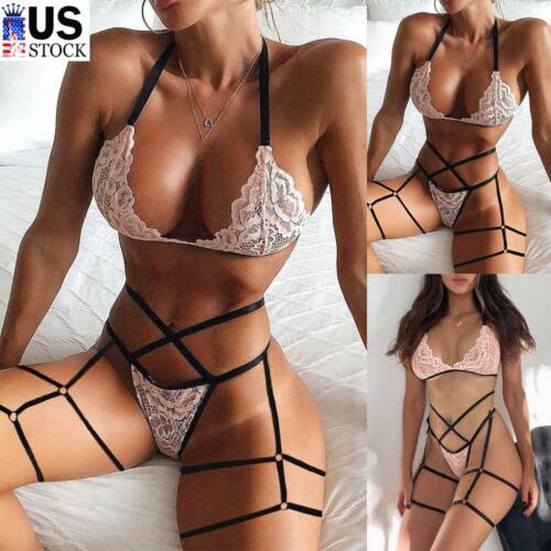 Womens Lace Sexy Bra Set Suspender Garter Belt Thong Pajamas Lingerie Underwear eBay pic