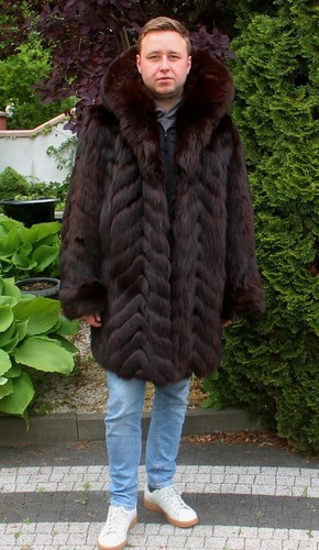 Men's 100% Ranch American Fox Fur Jacket With Hood Coat Outwear XL/2XL Brown - Picture 8 of 16