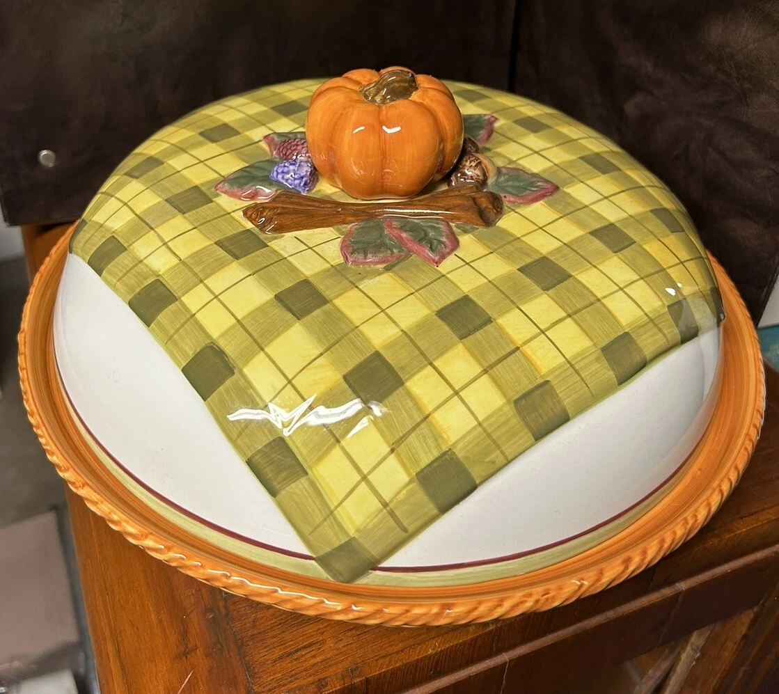 Ganz Bella Casa Fall Pumpkin Plaid Large Pie Keeper Dish