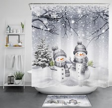 Xmas Snowman and Tree in Winter Forest Shower Curtain Bathroom Accessories Set