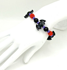 7" Halloween Black Flying Bats Purple/Black/Orange Beaded Stretch Bracelet