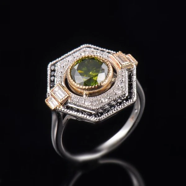 Anillo redondo de diamantes naturales con bisel de turmalina verde de 7,5 mm de oro sólido de 14 K en dos tonos Foto 2 de 4