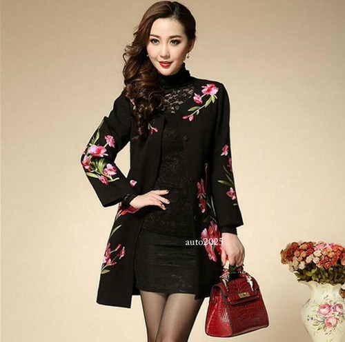 Chinese Womens Floral Embroider Round Neck Coat Long Jackets Wool Blend Outwear - Picture 12 of 20